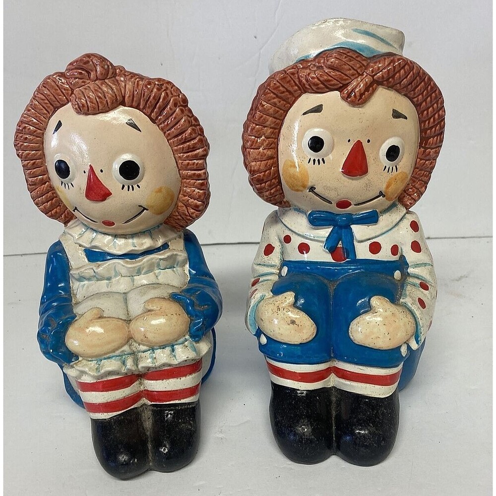 Vintage 1970 Raggedy Ann and Andy Ceramic Bookend 7" x 3.5" Wide Bobbs Merril Co